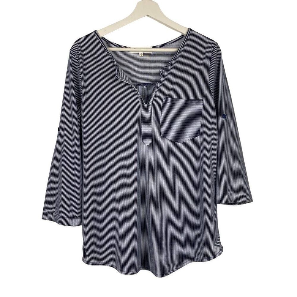 Eden & Olivia size small navy and white striped split neck top with roll sleeves
